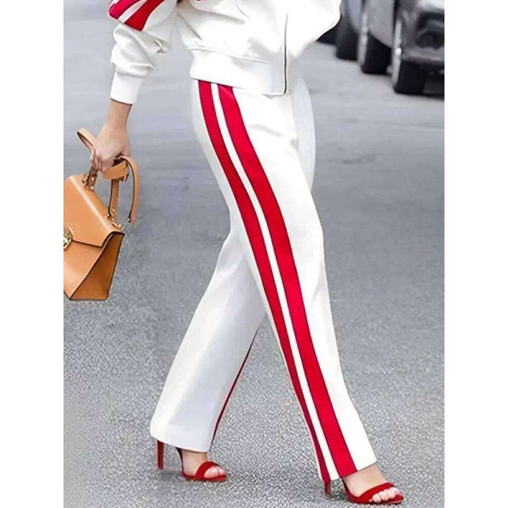 Freeacy Women's New Casual Suit Neck Zippered Loose Fit Jacket Outwear And High Waist Side-Striped Pants Sports Set