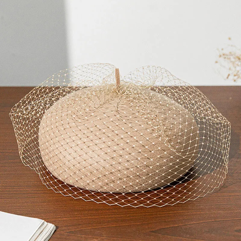 Playful Wool Lace Beret Hat with Net Women Tulle White Berets Warm Vintage Elegant French Winter Hat Female Painter Cap 260324