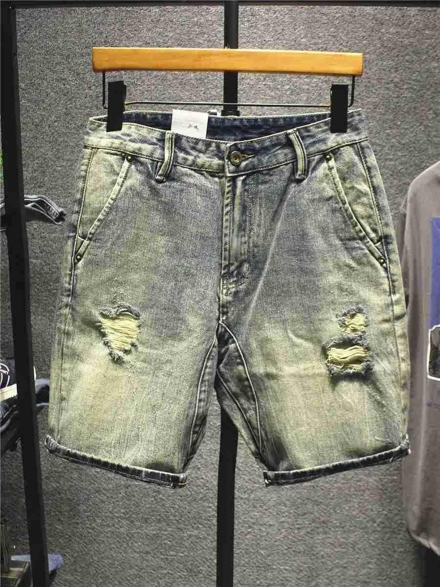 2025 Summer Thin Retro Old Ripped Korean Luxury Shorts Mens Ripped Loose Straight Beggar Pants Man Jeans Designer Denim Jorts H260330