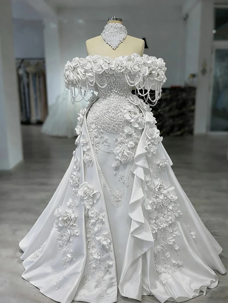 Gorgeous Mermaid Evening Dresses Pearls Handmade 3D Flowers Prom Dress Detachable Train Off Shoulder Customized Party Gown Vestidos De Noche Plus Size
