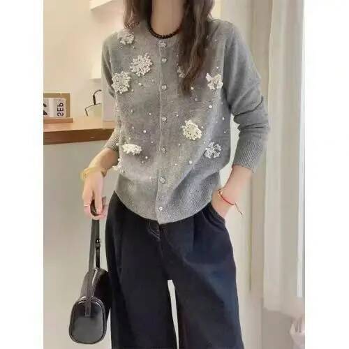 Fashionable French Knitted Heavyweight Open Cardigan Embellished 3D Flower Loose Fit Sweater Versatile Casual Chic Top