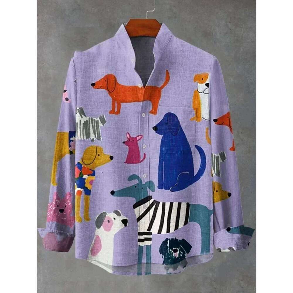 New Spring And Autumn Best-Selling Men's Long-Sleeved Comfortable Retro Kitten Pattern Art Print Shirt
