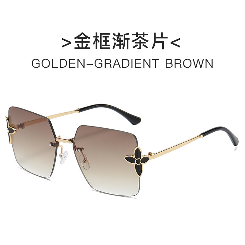 Luxury Brand Designer Sunglasses New Frameless Square Large Frame Sunglasses With Flower And Clover Design, European And American Trendy Fashion Gradi