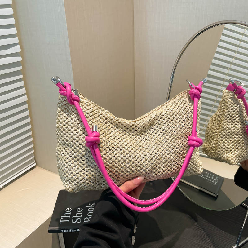 Free Shipping High Value Straw Woven Shoulder Bag for Women Casual Summer Beach Handbag with Colorful Straps