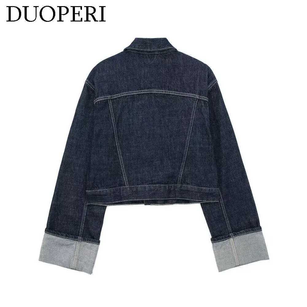 DUOPERI Women Fashion Denim Blue Single Breasted Jacket Lapel Neck Long Sleeves With Pockets Female Chic Lady Casual OutwearT260328