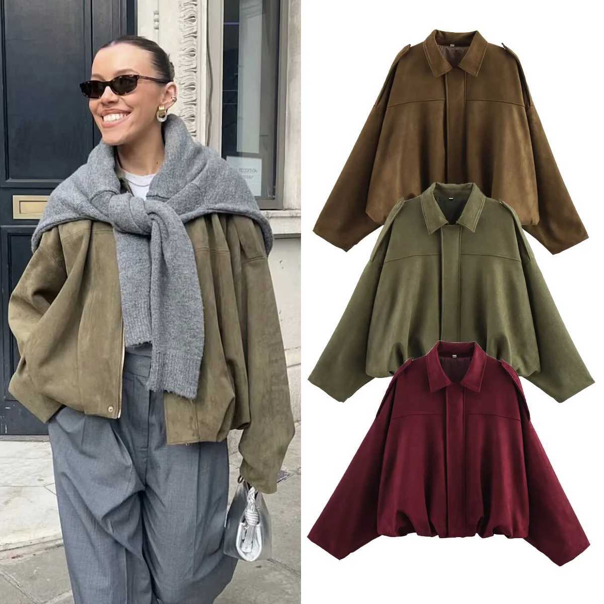 Womens Army Elegant Bomber Jackets Coats Fashion Turn-down Collar Long Sleeve Loose Coats Vintage Female Outerwear Chic TopsT260328