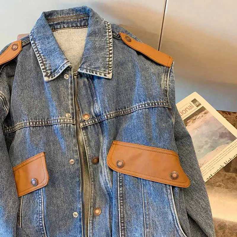 Vintage Stitching Denim Jacket Women Outwear Spring Autumn New Elegant Loose All-Match Design Jeans Jacket Tops Street ClothingT260328