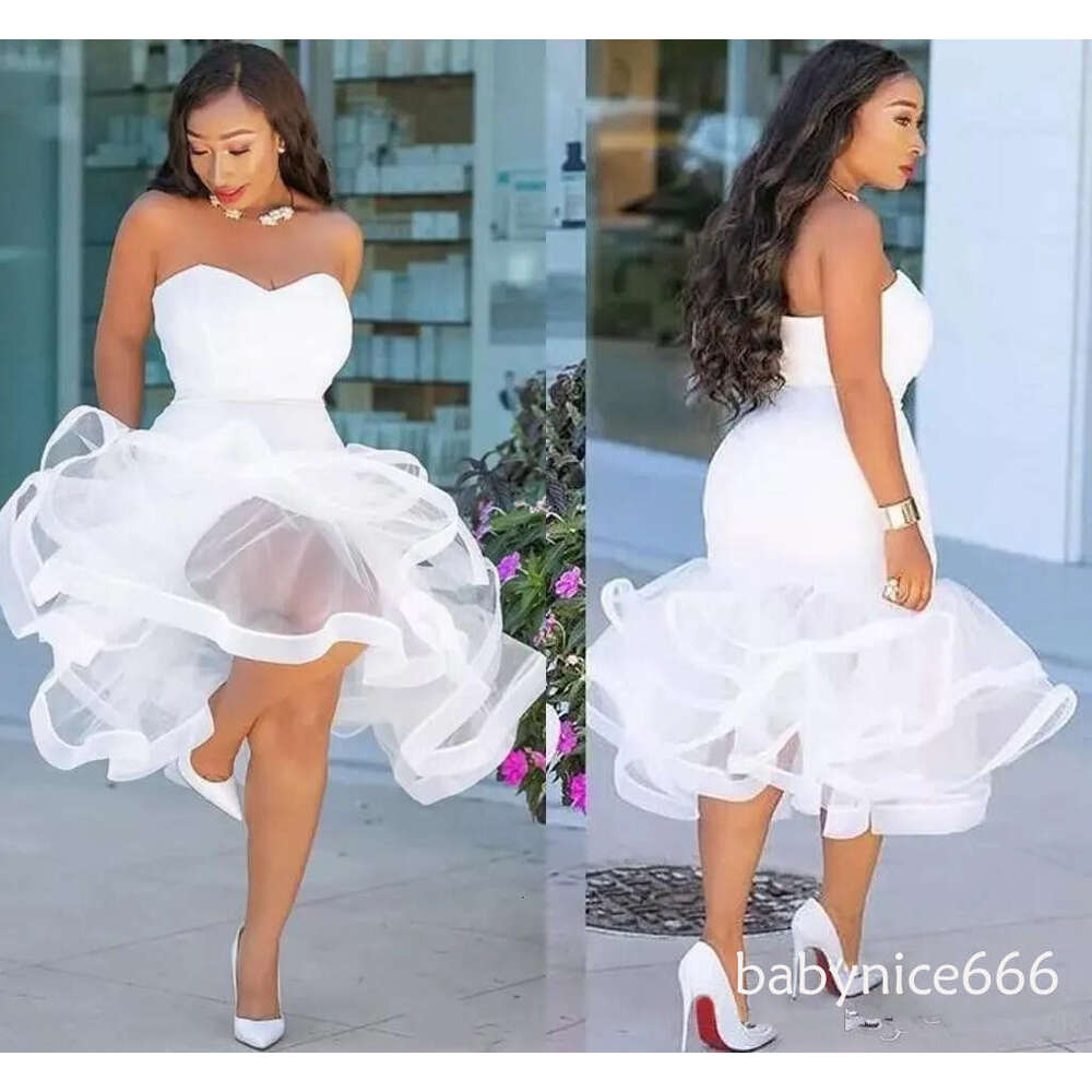 White Mermaid Prom Dresses Tea Length Sweetheart Ruffles Plus Size Cocktail Backless African Party Guest Dress