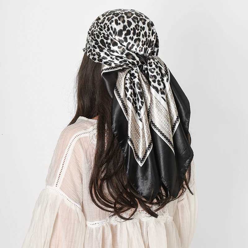 Leopard Print 90cm Square Silk Scarf Wan Satin band Muslim Hijabs Shawls Smooth Soft Hair Scarf Islimic Turban Bandana X260328