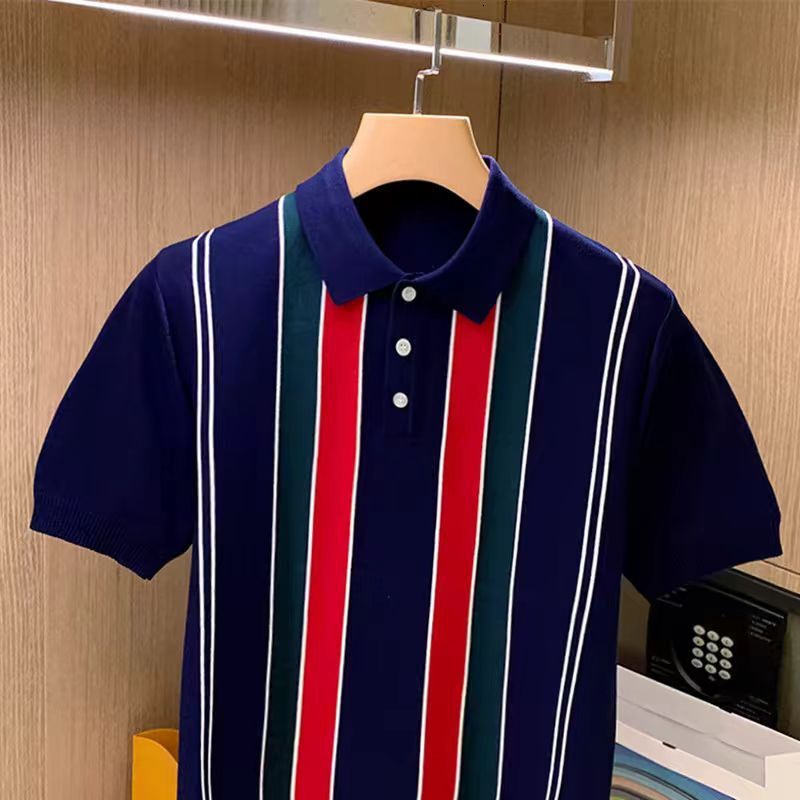 Summer New Style Slim-fit Men's Vertical Stripe T-shirt Retro Color-blocked Lapel Knitted Top Designer Short-sleeved Polo Shirt