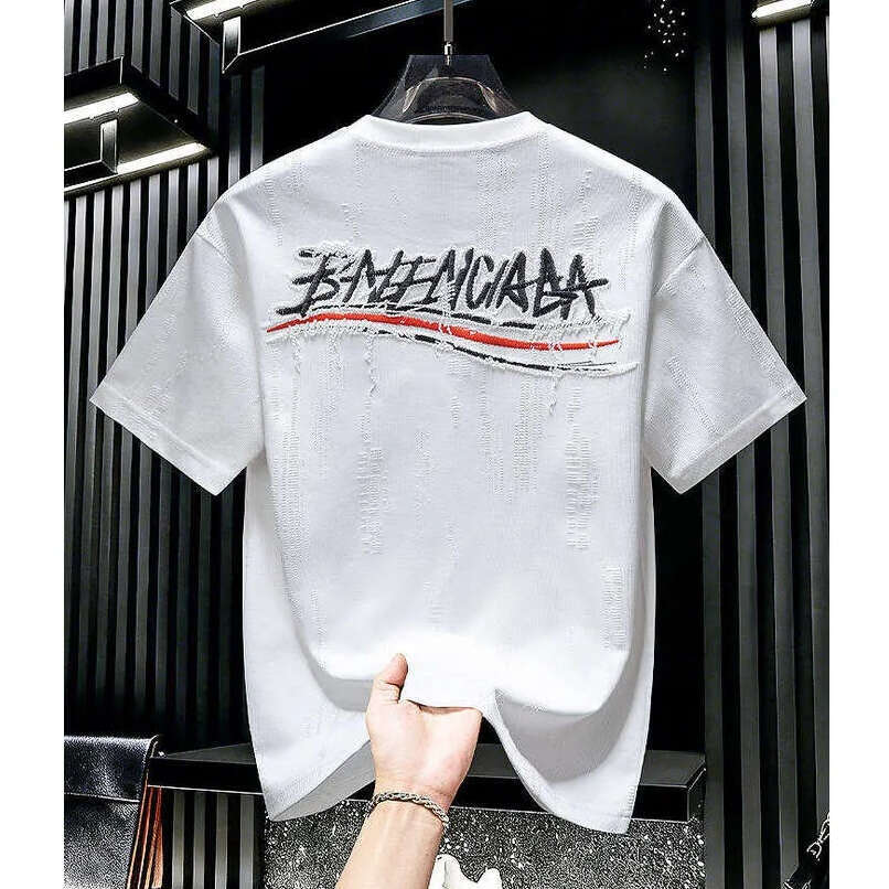 American-Style Men's Embroidered Ripped Short-Sleeve T-Shirt Summer New Trendy Brand Round-Neck Loose-Fit Half-Sleeve Shirt Luanyun