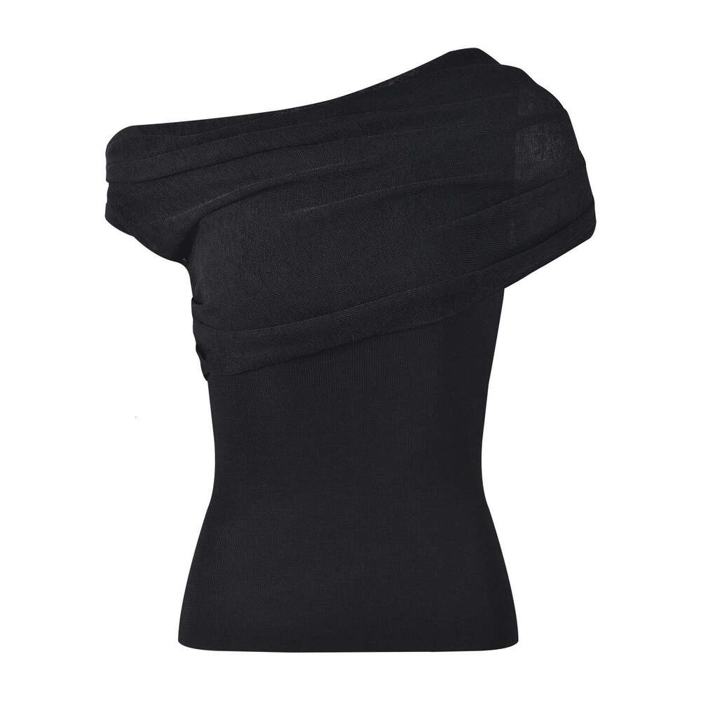 2026 Spring and Summer New Off Shoulder Ruffle FC Sexy Clavicle k30 Show Elegant Fashion Slim Black Top