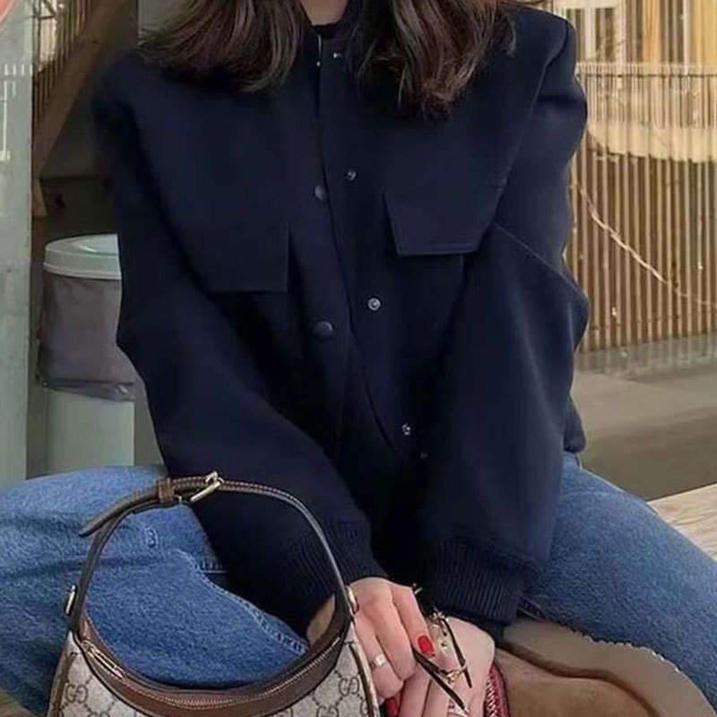 2026 Spring New Collection: Cross-Border European and American Foreign Trade Women's Clothing - Elegant Casual Stand-Collar Solid Color Pocket Tw