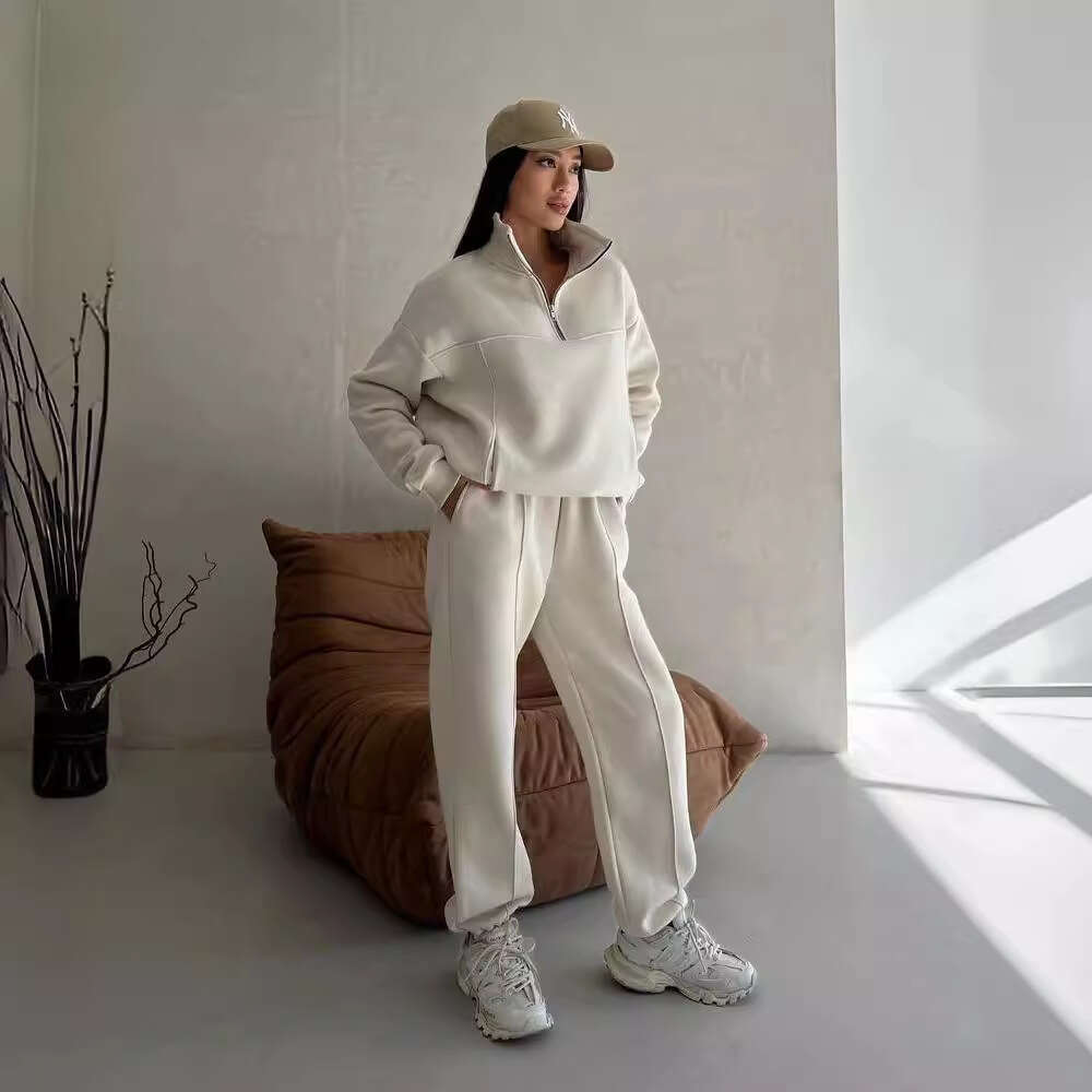 2026 New European American Style Casual Fashion Patchwork Thickened Long Sleeve Sweatshirt and Pants Set