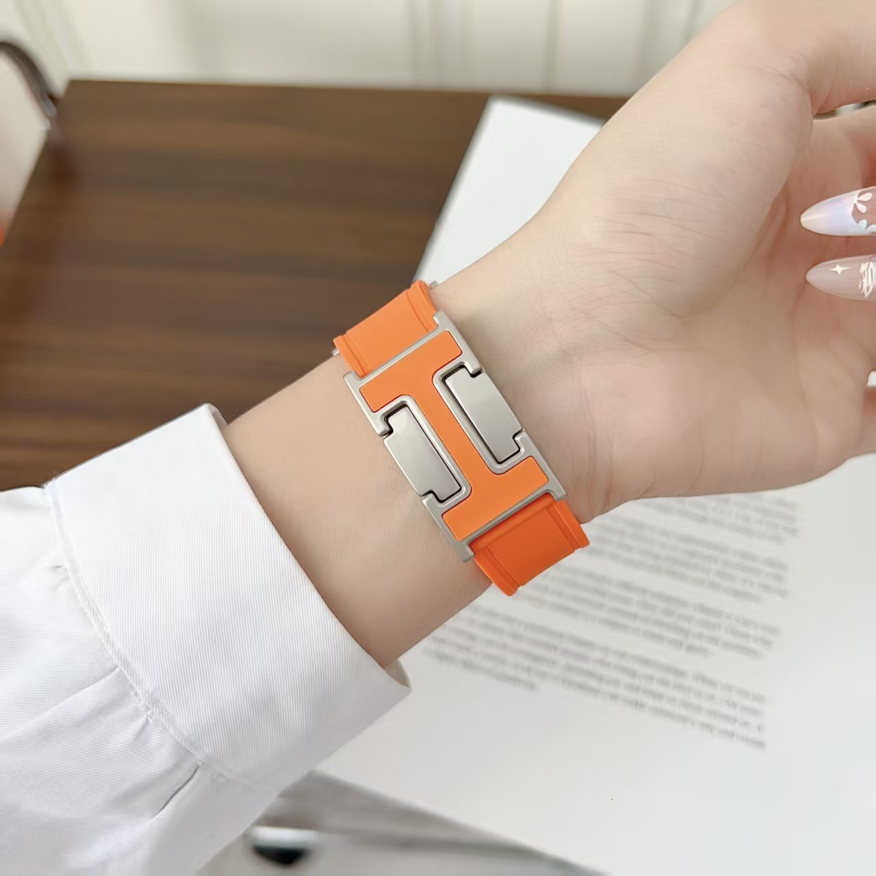 Watch Strap Silicone H-Buckle Magnetic For Apple Watch S9 S10 SE Orange Color