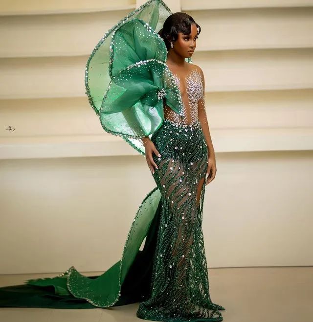 Aso Ebi Arabic Dark Green Mermaid Prom Dress Stylish Crystals Evening Formal Party Second Reception Birthday Engagement Gowns Dresses Robe De Soiree Z
