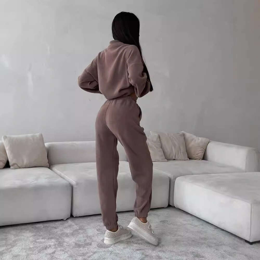 2026 European American cross-border new casual sweatshirt for women, solid color fleece top and long pants two-piece set