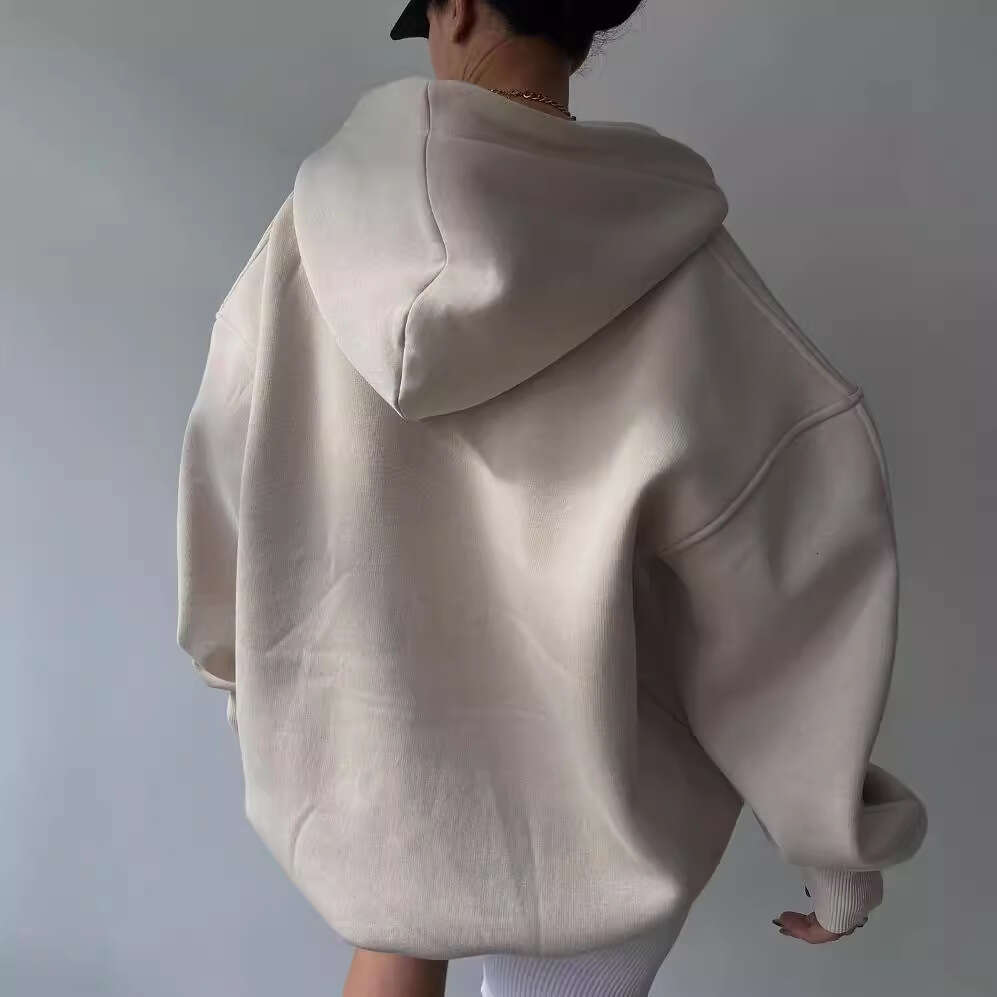 2026 European and American cross-border new style fleece-lined hooded printed long-sleeve basic versatile sweatshirt V-neck fleece shirt