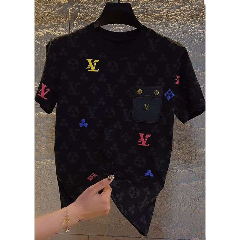 Print Design Letter Patchwork Color-Block Niche Loose Black High-End T-Shirt Short Sleeve Spring Summer Asia Size