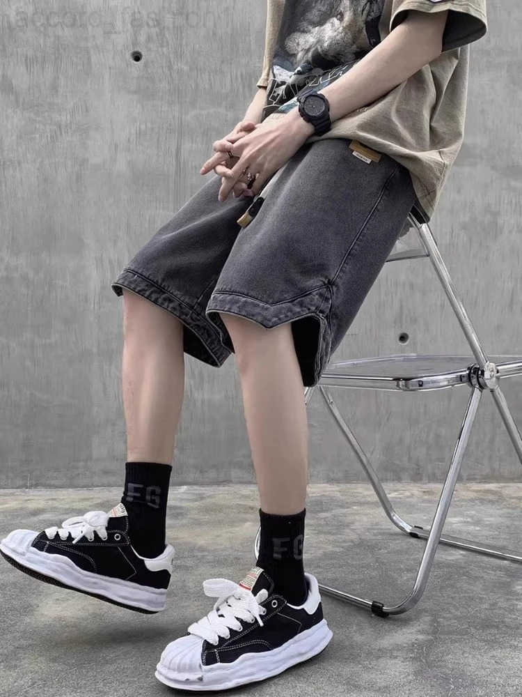 Fashion Streetwear Mens Denim Shorts Summer Loose Vintage Harajuku Splicing Hip-hop Cargo Drawstring Short Jeans Black A209 H260330