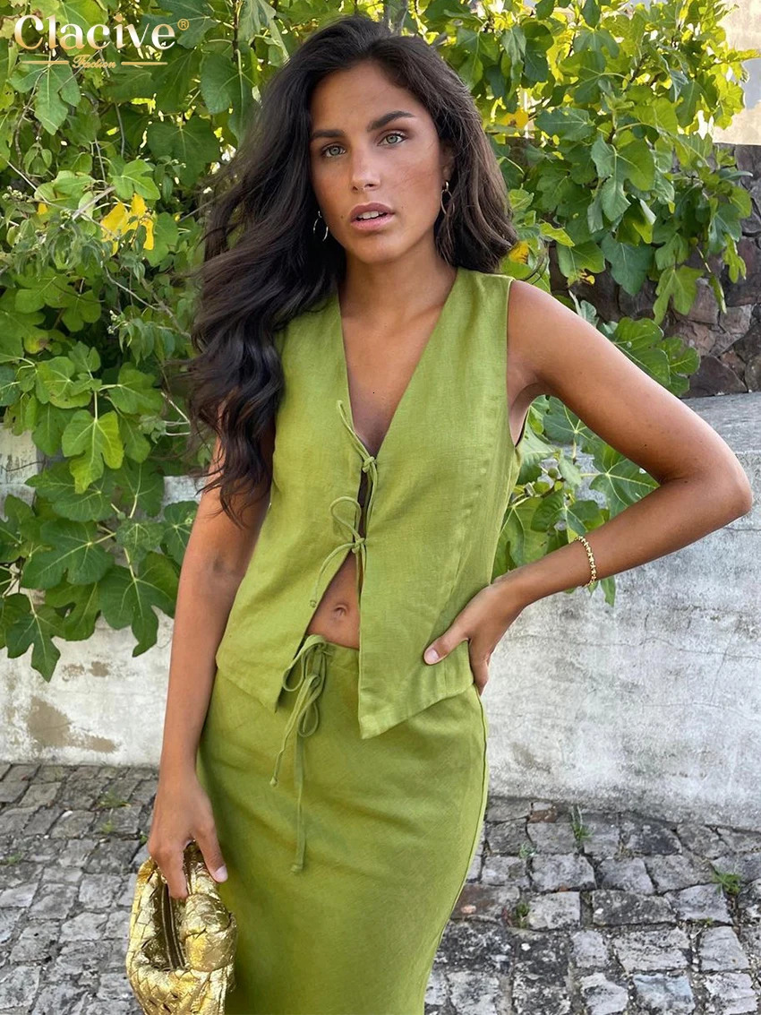 Clacive Sexy Slim Green Cotton 2 Piece Sets Women Outfit Summer Sleeveless Tank Top With Mid Waist Long Skirts Set Female 260326