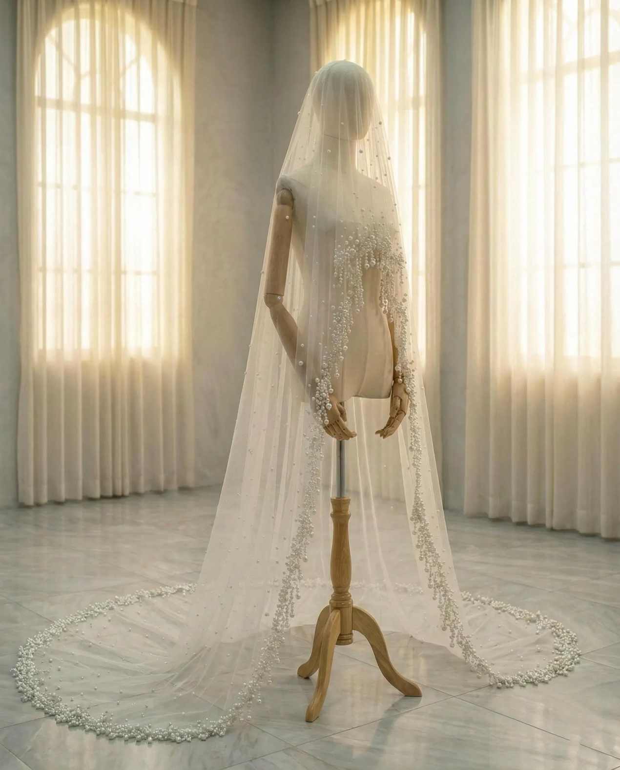 Luxury Pearls Wedding Veil Lace Long Special Beaded Royal Bridal Veil with Comb Tassels Wedding Accessories For Women Customized