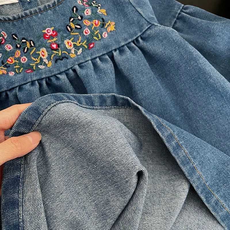 MILANCEL Girls Denim Dresses 2024 Autumn New Embroidery Floral Long Sleeve Dress Childrens Daily Casual ClothesT260330