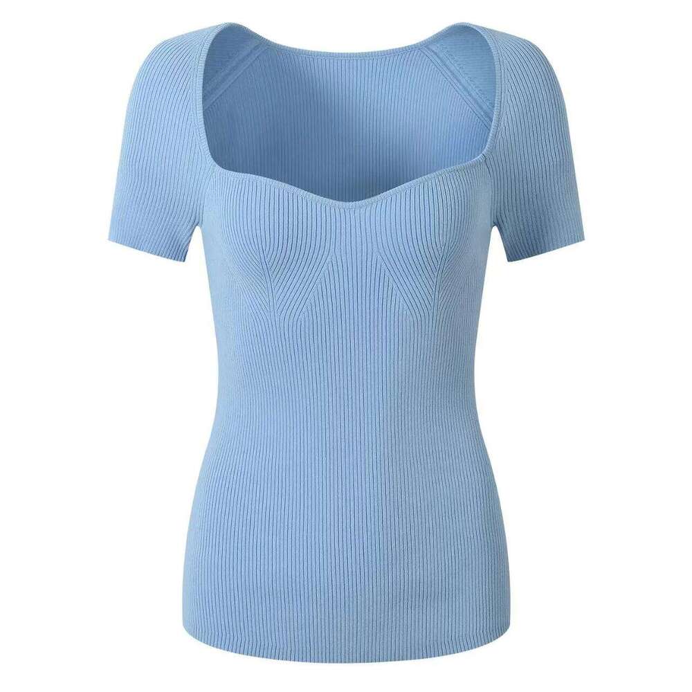 Asian Size Square Neck Short Sleeved Knitted Sweater For Women,Slim Fit,Simple,Versatile,Sexy T-Shirt,French Single, Summer Mdng260330