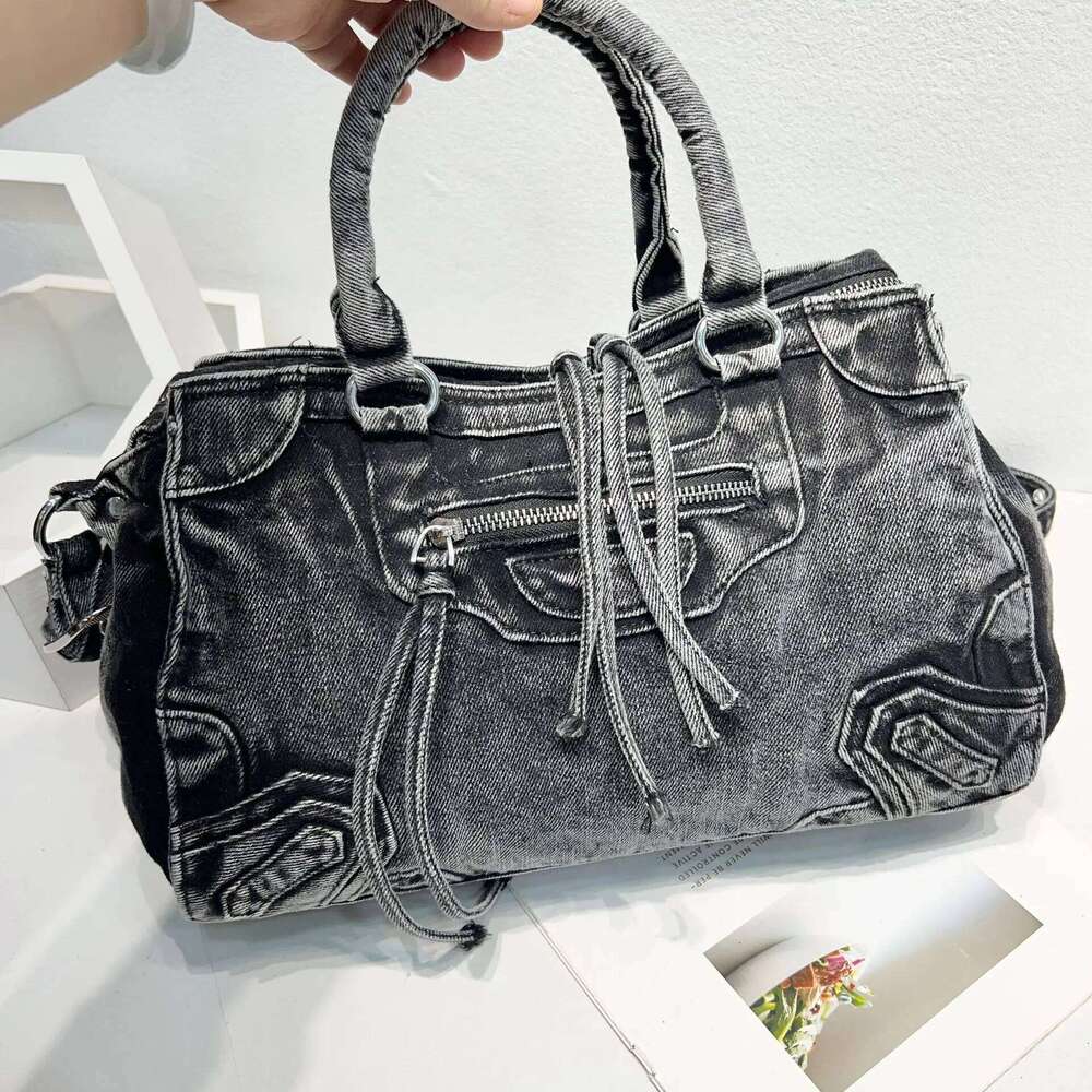 New Moto Biker Pillow Bags For Women Designer Handbags Purses In Denim Washing Process Top Handle Shoulder