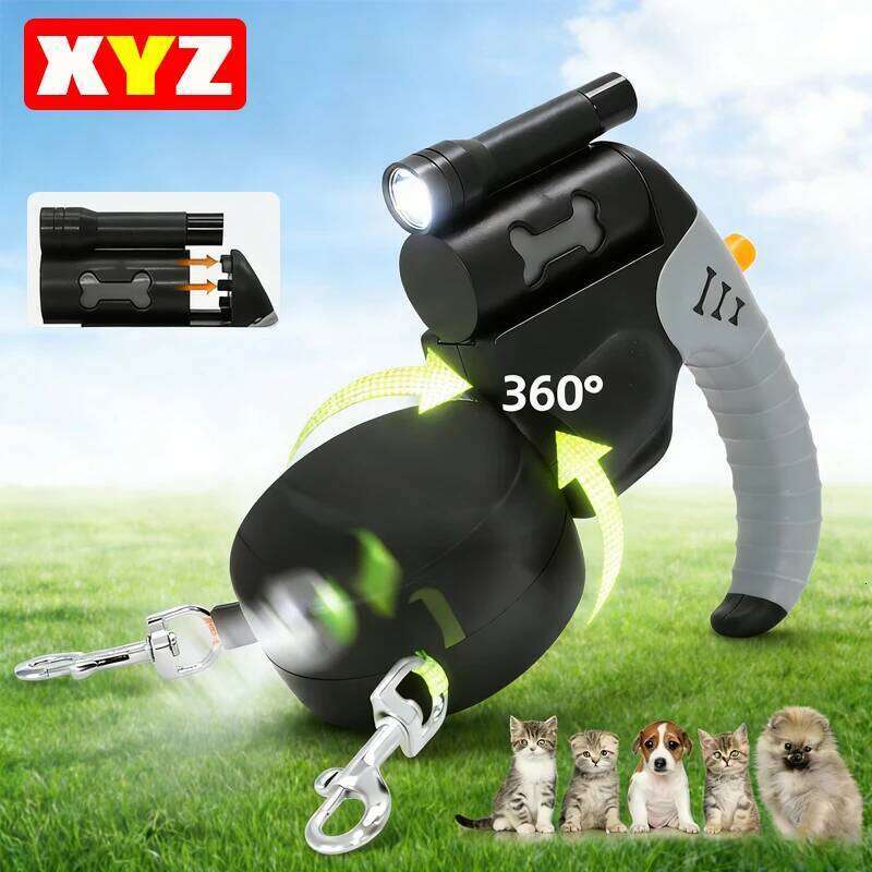 Auto Retractable Double-Headed Dog Leash 3M for 2 Dogs with LED Flashlight 360 Degree Dual Traction Rope Pet Supplies