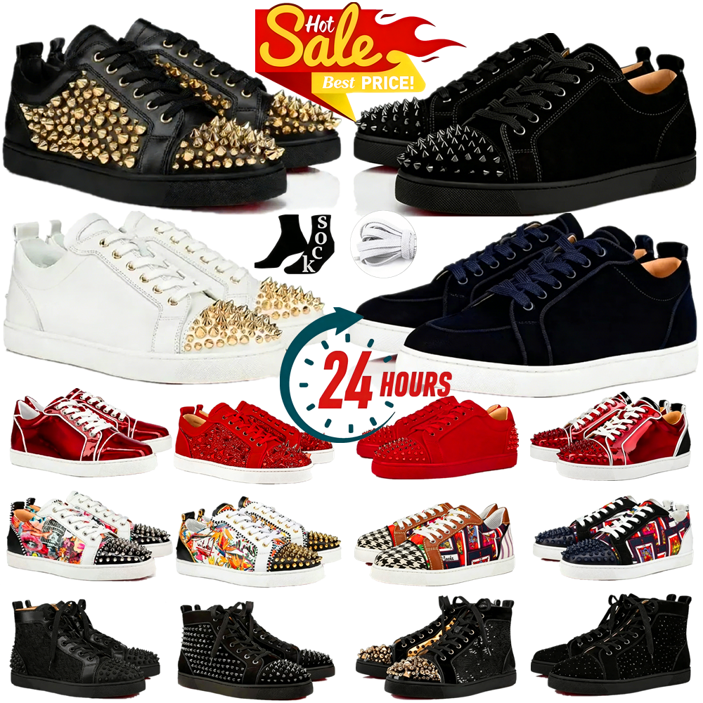 Designer Dress Shoes Luxury Mens Sneakers Red Bottoms Glitter Grey Rivets Leather Suede Camo Green Men Women Fashion Spikes Office Career Wedding Casual Trainers