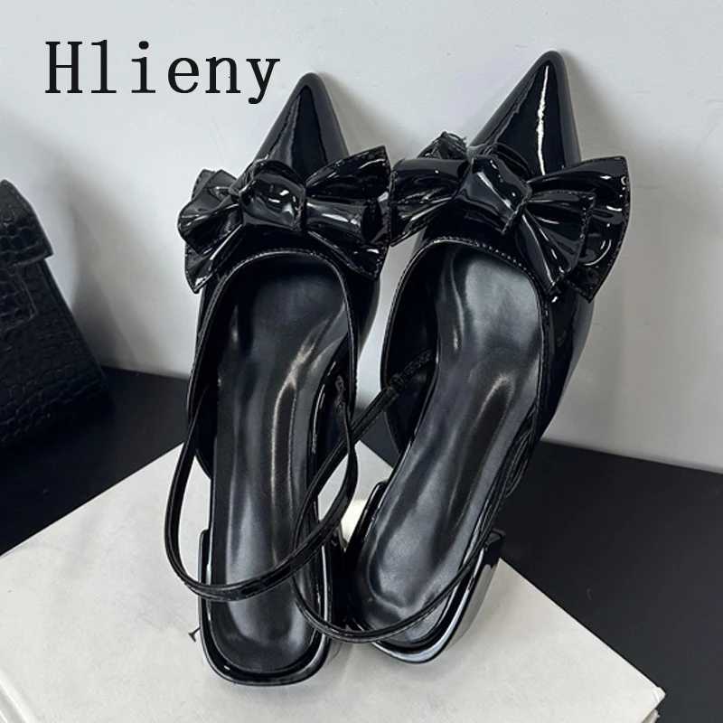 Hlieny Fashion Design Big Butterfly Knot Women Flat Mules Sandals High Quality Cozy Patent Leather Pointed Toe Back Strap Shoes Z260330