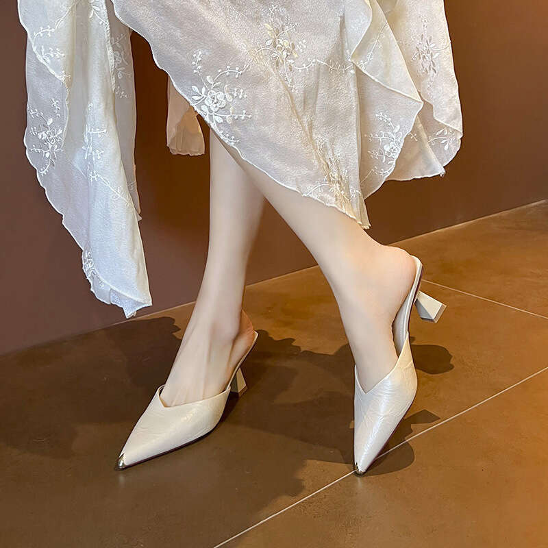 Summer New High Heels For Women Comfortable Commuting Pointed Toe Nude Color High End PU Leather Single Shoes