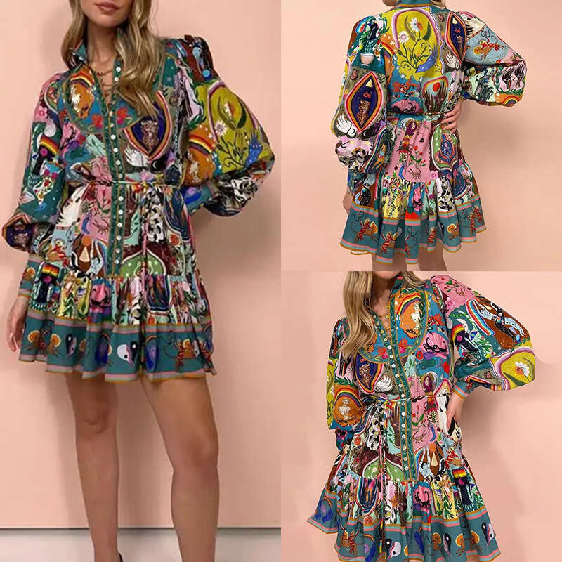 2026 Spring New Collection: Cross-Border European and American Foreign Trade Women's Clothing, Vintage Elegant Stand Collar Printed Tie-Up Dress 