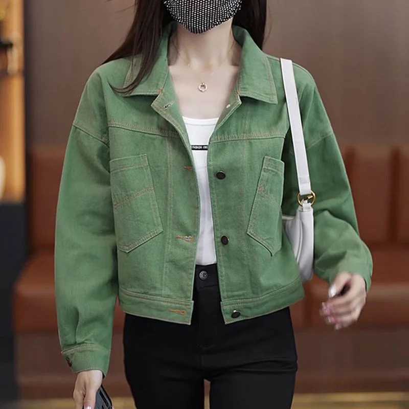 Women Fashion Design Green Denim Coat NEW 2026 Spring Autumn Long Sleeved Short Denim Top Jacket Female Casual OuterwearT260328