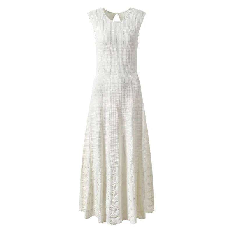 Summer 3-Piece French Style Set - Knit Maxi Dress Sleeveless Top + Cover-Up, Pearl & Hollow Out, Viscose+Nylon Mdng260330