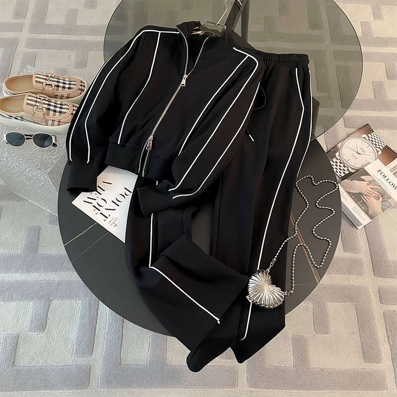 Fashionable Street Style Sports Casual For Women, Spring And Autumn, Age-Reducing Slimming Cardigan, Long Sleeve Sweatshirt, Wide-Leg Pants Two-Piece 