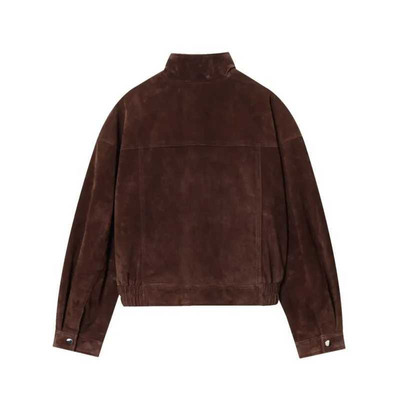 Women Suede Leather Jacket with Pockets Autumn Fashion High Collar Long Sleeve Button Jacket Lady Coats Causal Female Chic TopsT260328