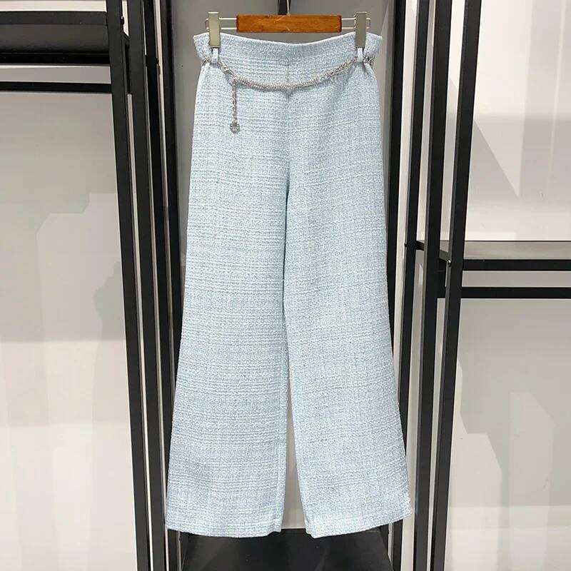 Women Tweed Trimmings Single Breasted Coat Cardigan , Metal Chain Straight Long Pants Or Shorts For Female Mdng260330