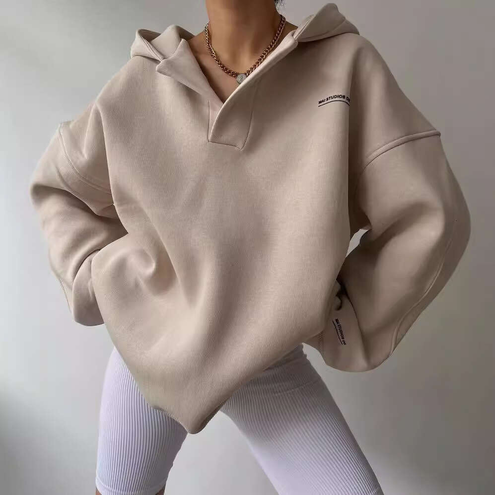 2026 European and American cross-border new style fleece-lined hooded printed long-sleeve basic versatile sweatshirt V-neck fleece shirt