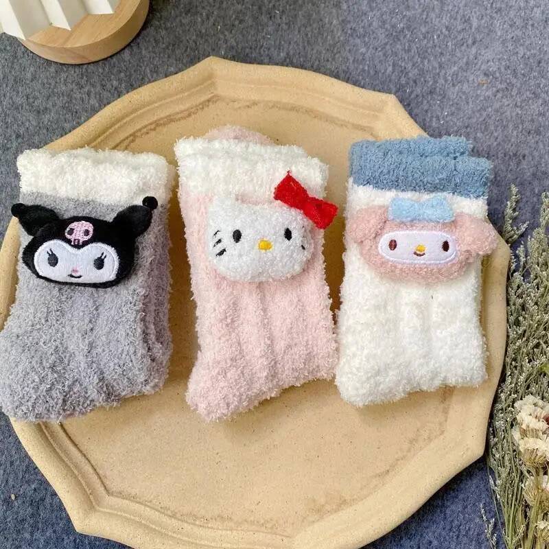 Designer Kawaii Hello Kitty Kuromi Plush Socks Coral Velvet Socks Plush Stuff Things Cinnamoroll Melody Plush Sock Winter Warm Sock Gifts