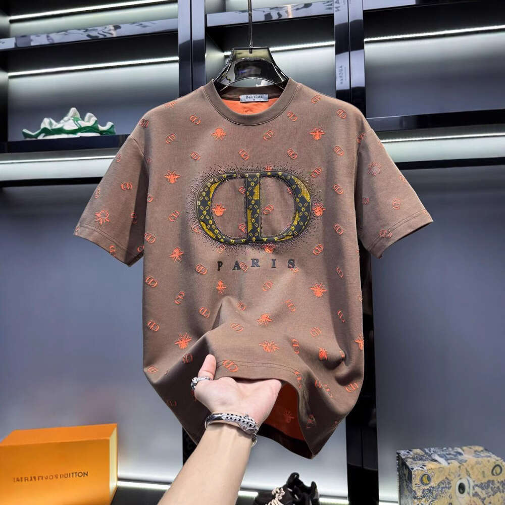 Men's American-style light luxury jacquard full-print round-neck short-sleeve T-shirt, trendy brand luxury new summer European style