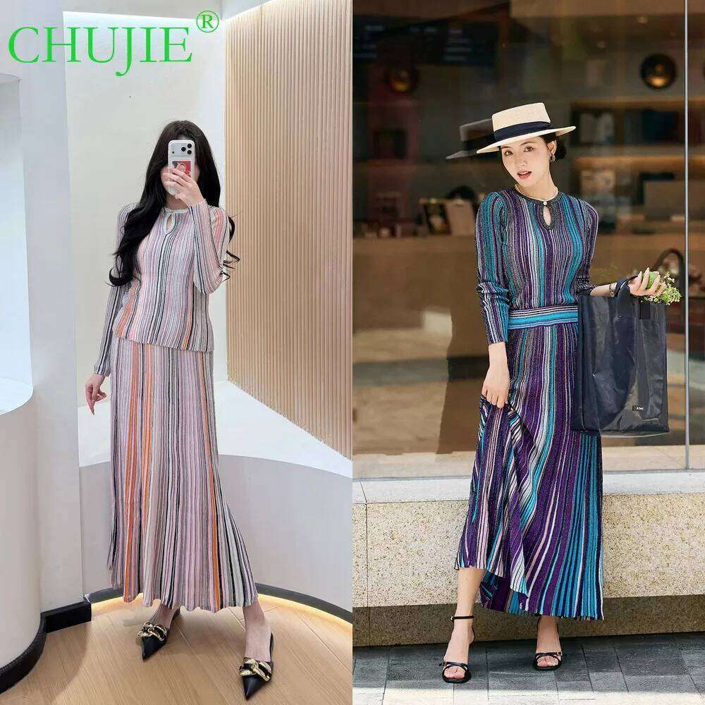 Spring Summer New Elegant Color Mix Striped Knitet Dress Set, Slim - Fitting Knitted Top + Midi Skirt Two-Piece Set Mdng260330