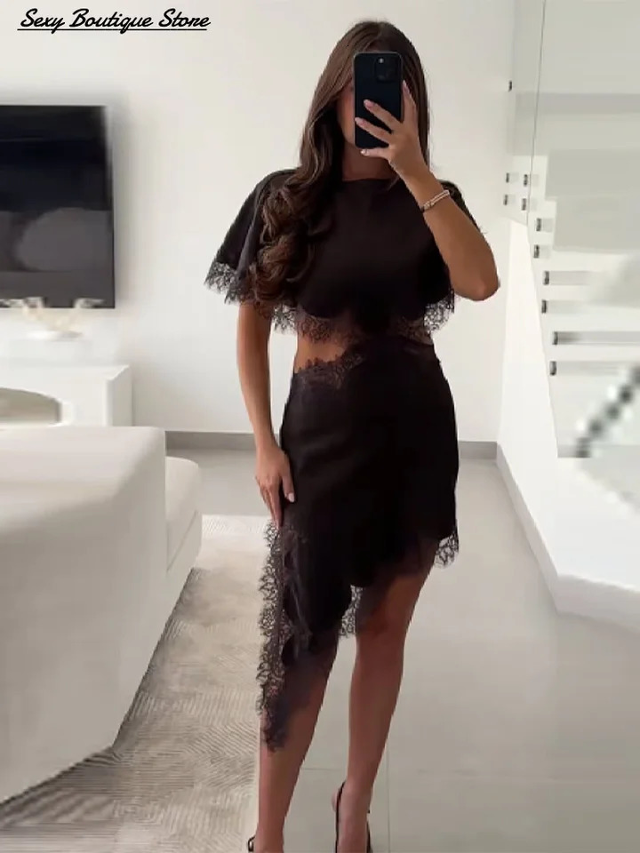 Sexy Vintage Brown Lace Satin Hollow Out Dress O Neck Shawl Half Sleeve Party Robes Chic Vacation Vestido Lady Dresses 260326