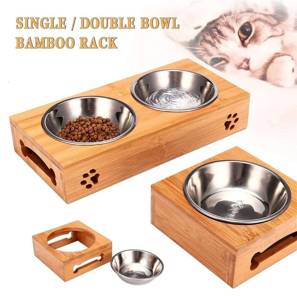 Pet Bear Bamboo Plate Natural Durable Safety Wood Stainless Steel Cat Dog Utility Double Bowl 26W0330