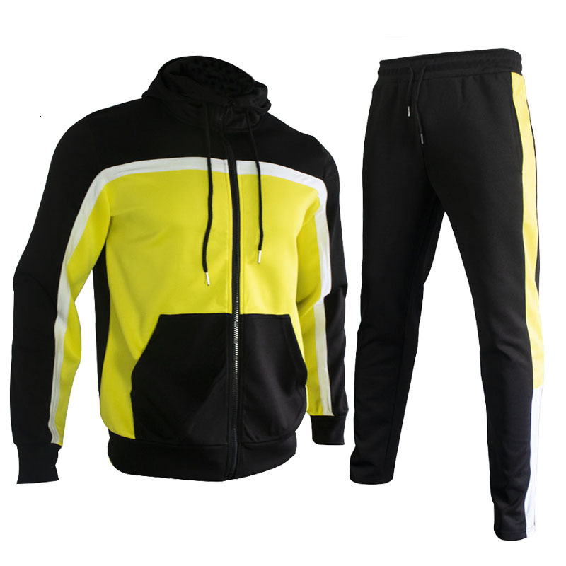 Cross-border men's clothing, color-blocked sports suit, one-piece hooded autumn jacket, sporty casual outfit, trendy long-sleeve style