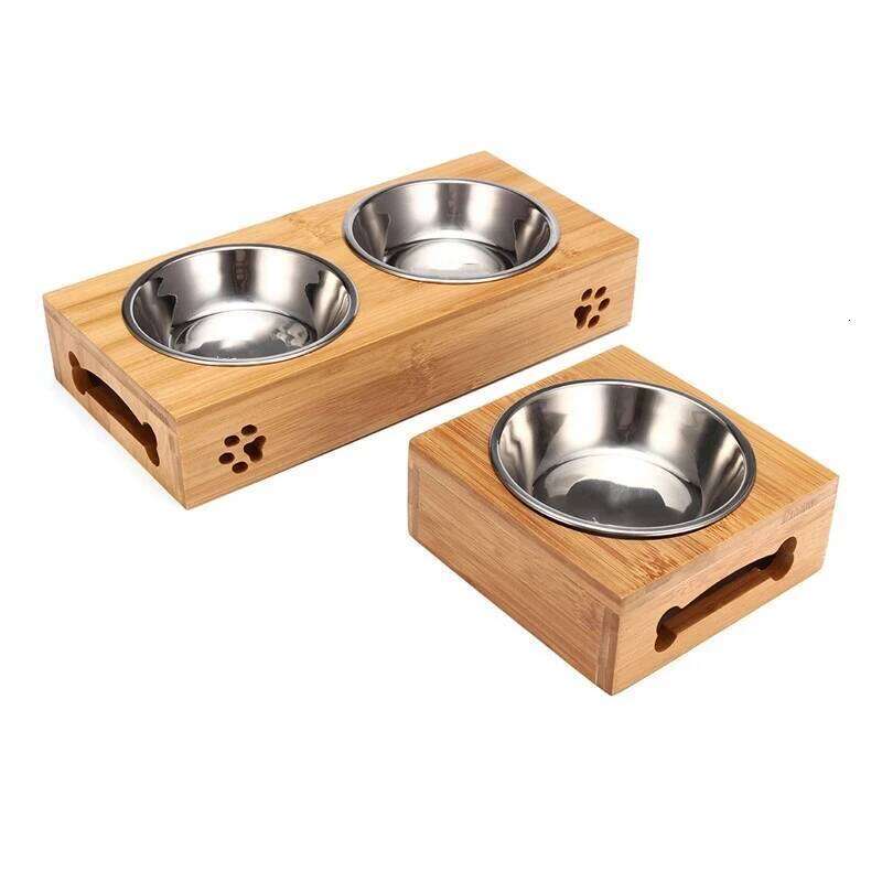Stainless Steel Feeder, Small Dog and Cat Bowls for Puppy, Bamboo Rack, Food, Water Bowl, Cats Feeding Dishes Pet Drink Bowl 26W0330