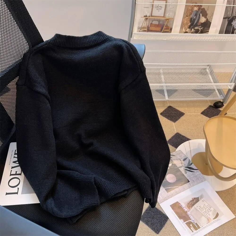 Women's Knit Cardigan Black Sweater With Flowers