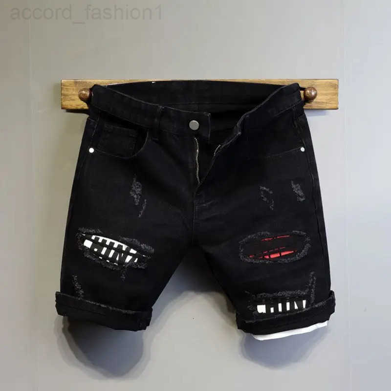 Korean Fashion Boyfriend Denim Shorts Mens Youth Summer New Black Washed Ripped Color Patch Slim-fitting Cargo Half Pants H260330