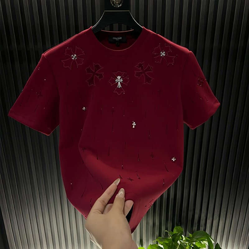 Summer New Men's Short Sleeve T-Shirt, Round Neck, Light Luxury High-End Style with Meteor Applique Embroidery